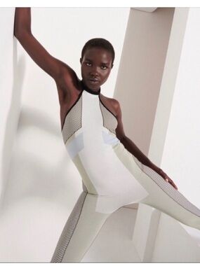 Zara Colorblock Halter Knit Jumpsuit in Beige, Black and Light Blue